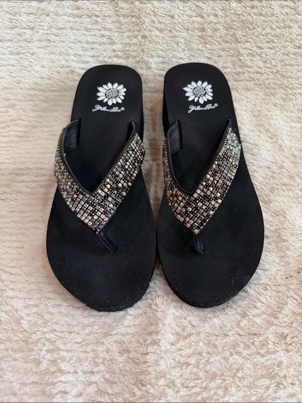 Yellow Box Black Rhinestone V-strap Sandals - Picture 2 of 5